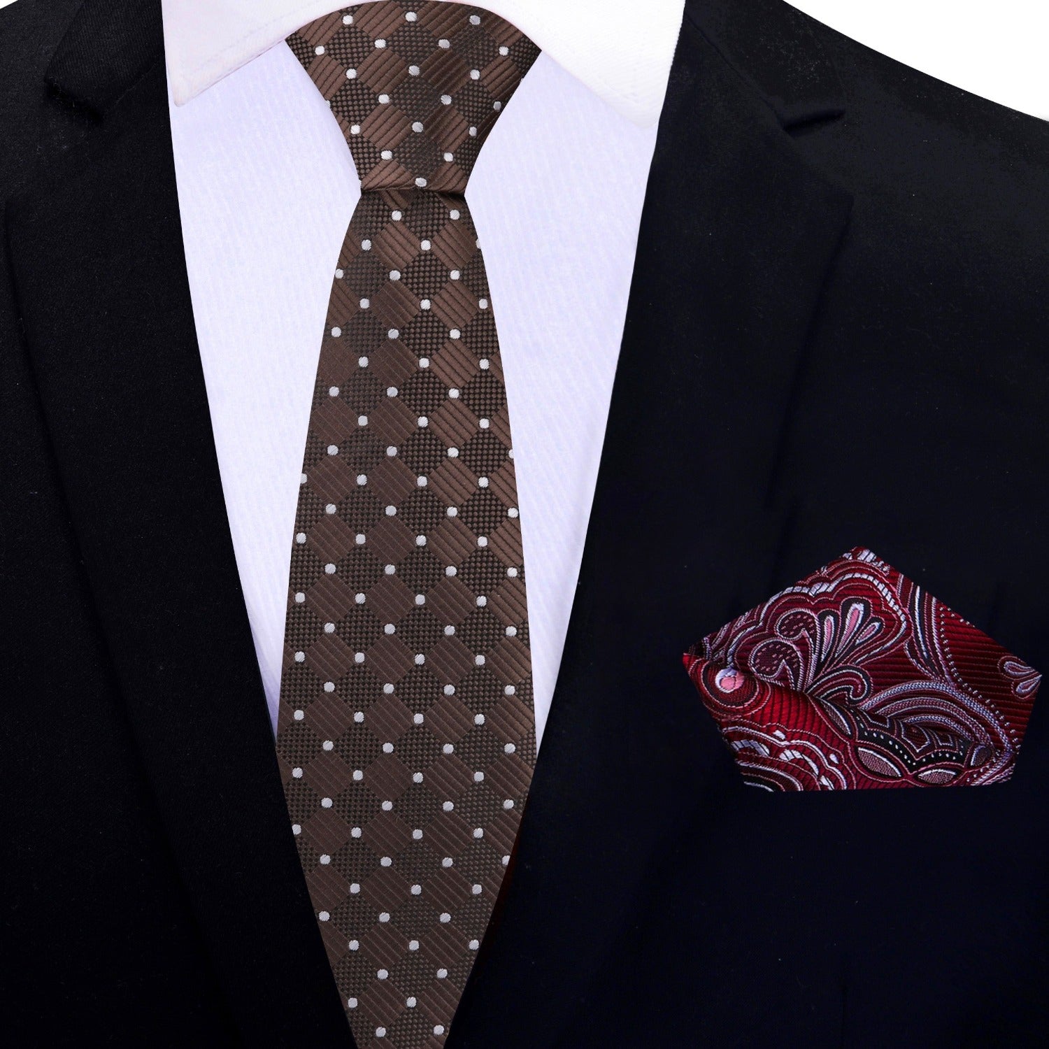 Thin Tie: Brown Geometric Necktie with Burgundy Paisley Pocket Square