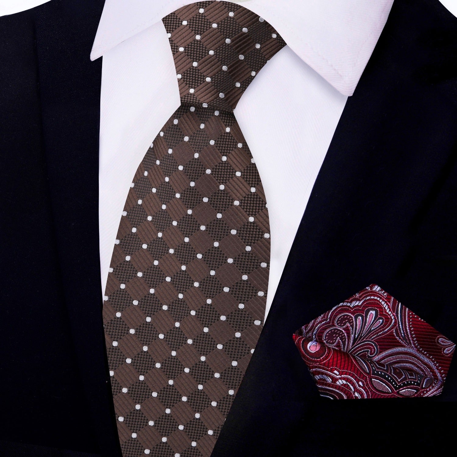 View 2: Brown Geometric Necktie with Burgundy Paisley Pocket Square