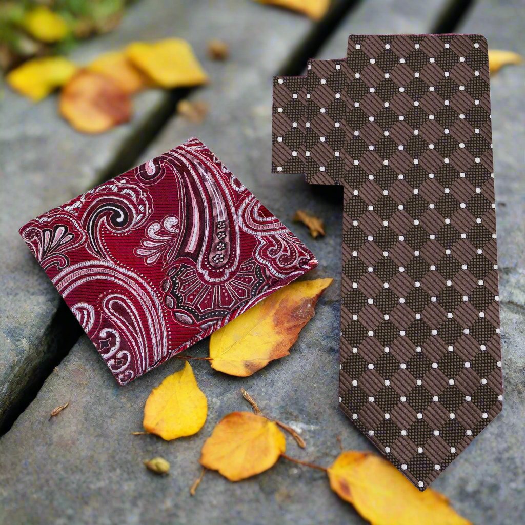 Alt View: Brown Geometric Necktie with Burgundy Paisley Pocket Square