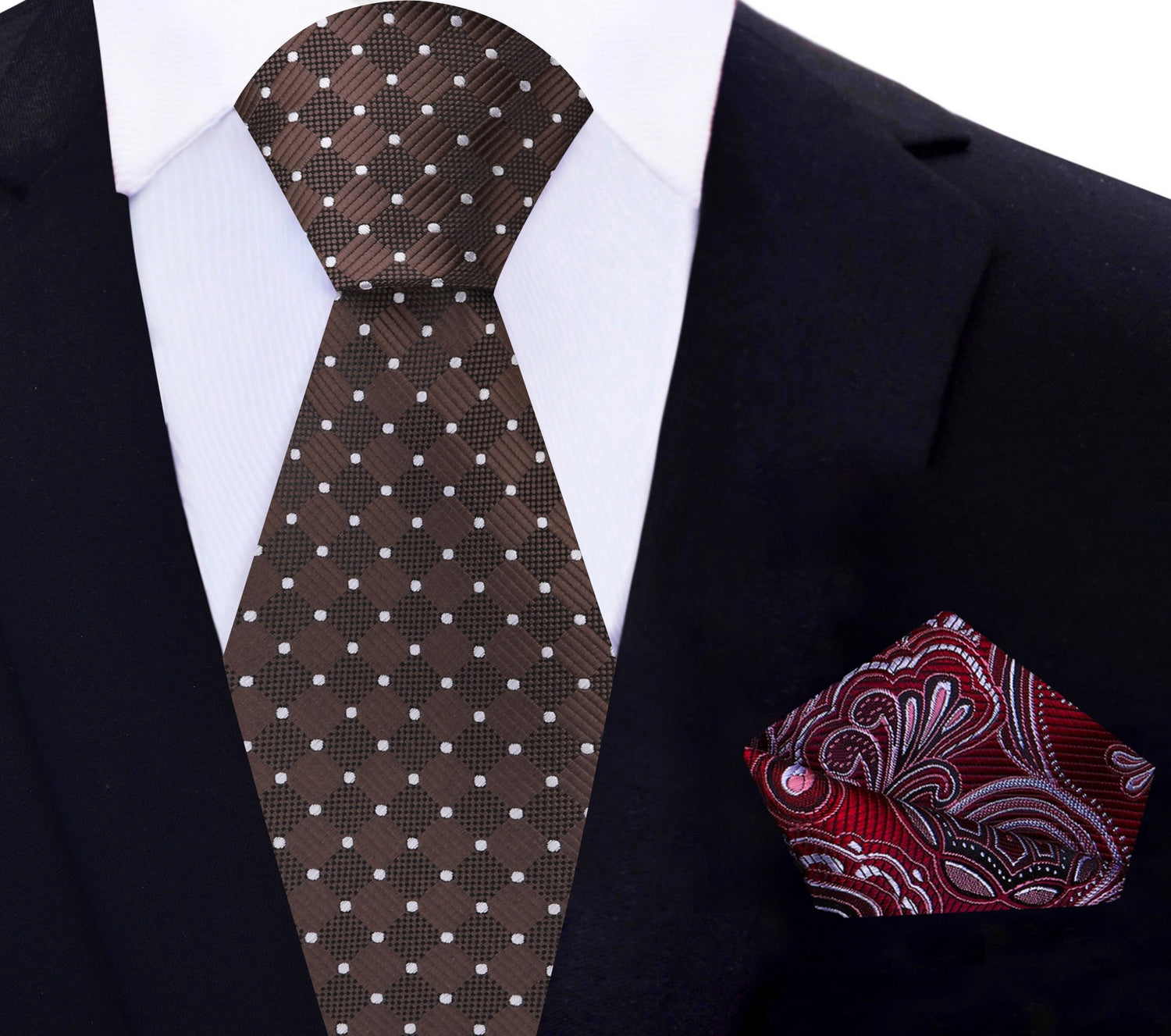 Brown Geometric Necktie with Burgundy Paisley Pocket Square