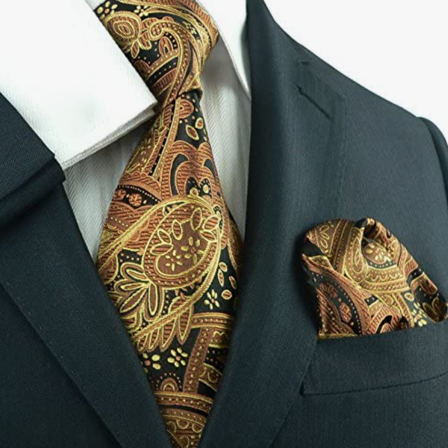 Brown and Black Paisley Tie and Square
