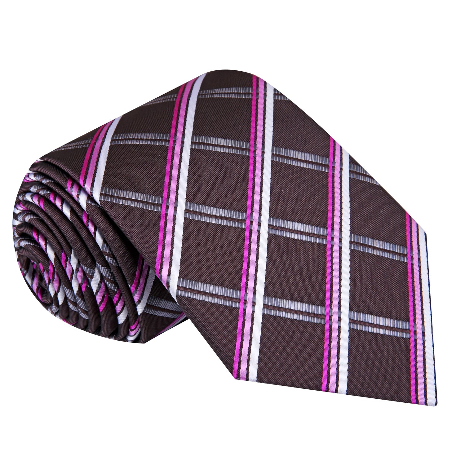 A Brown, Pink, White With Geometric Diamond Pattern And Small Checks Pattern Silk Necktie  