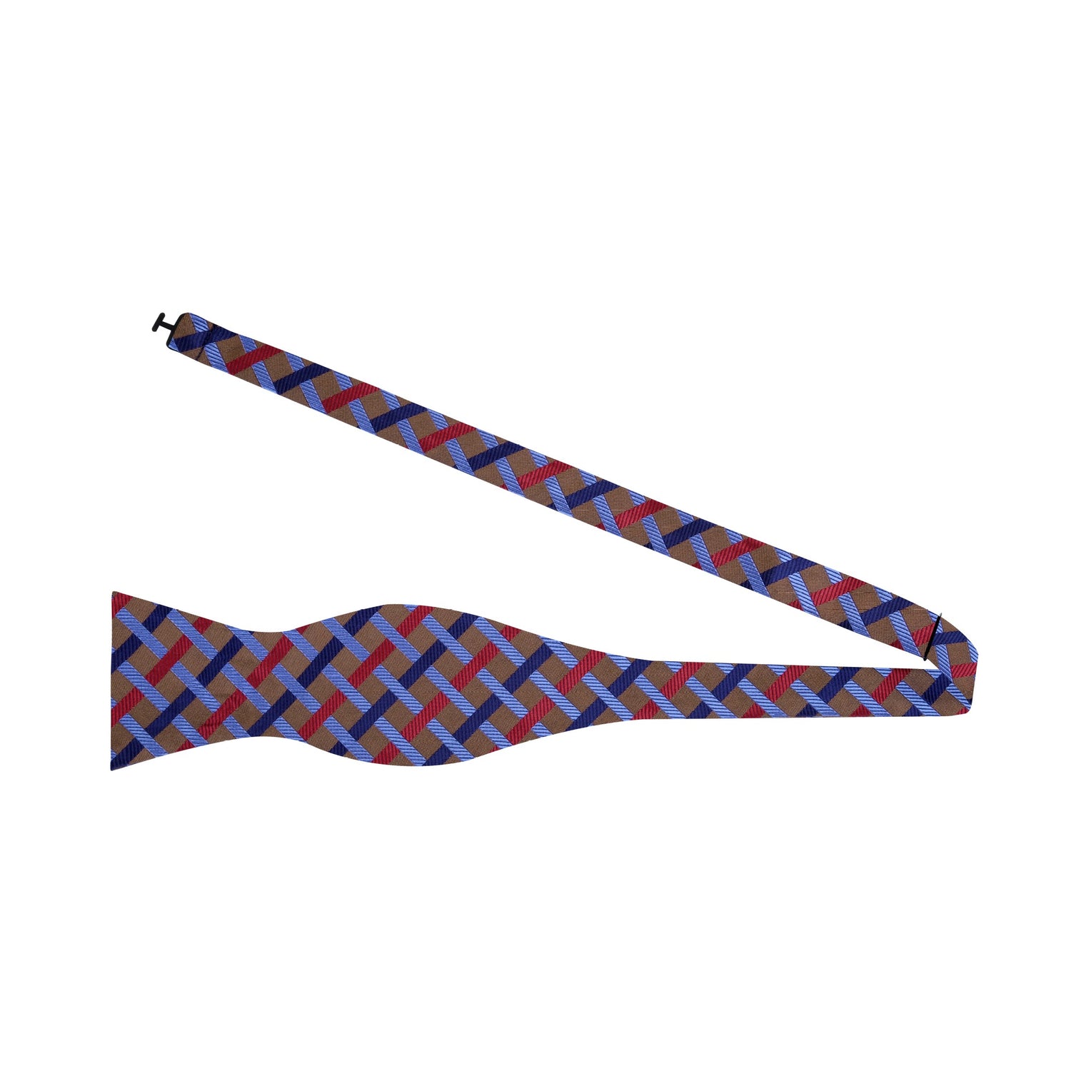 A Brown, Blue, Red Interlocking Lines Pattern Silk Self Tie Bow Tie Untied