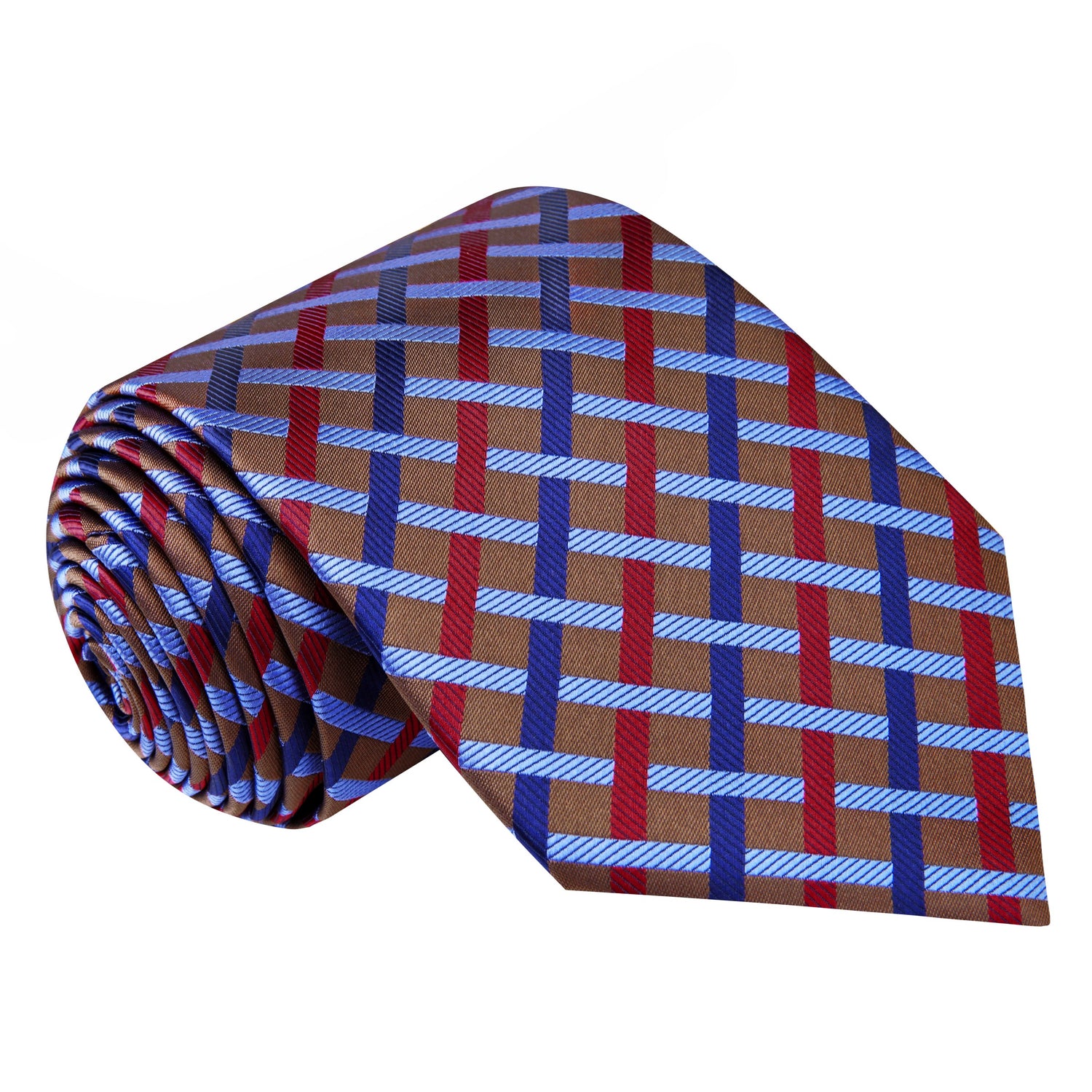 A Light Blue, Brown, Red, Blue Intersecting Lines Pattern Silk Necktie