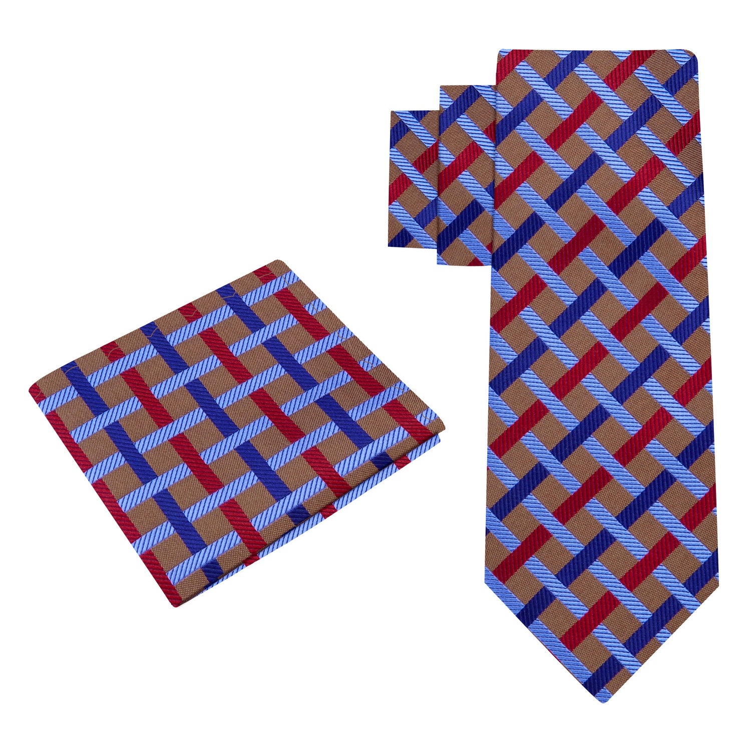 Alt View: A Light Blue, Brown, Red, Blue Intersecting Lines Pattern Silk Necktie, Matching Pocket Square