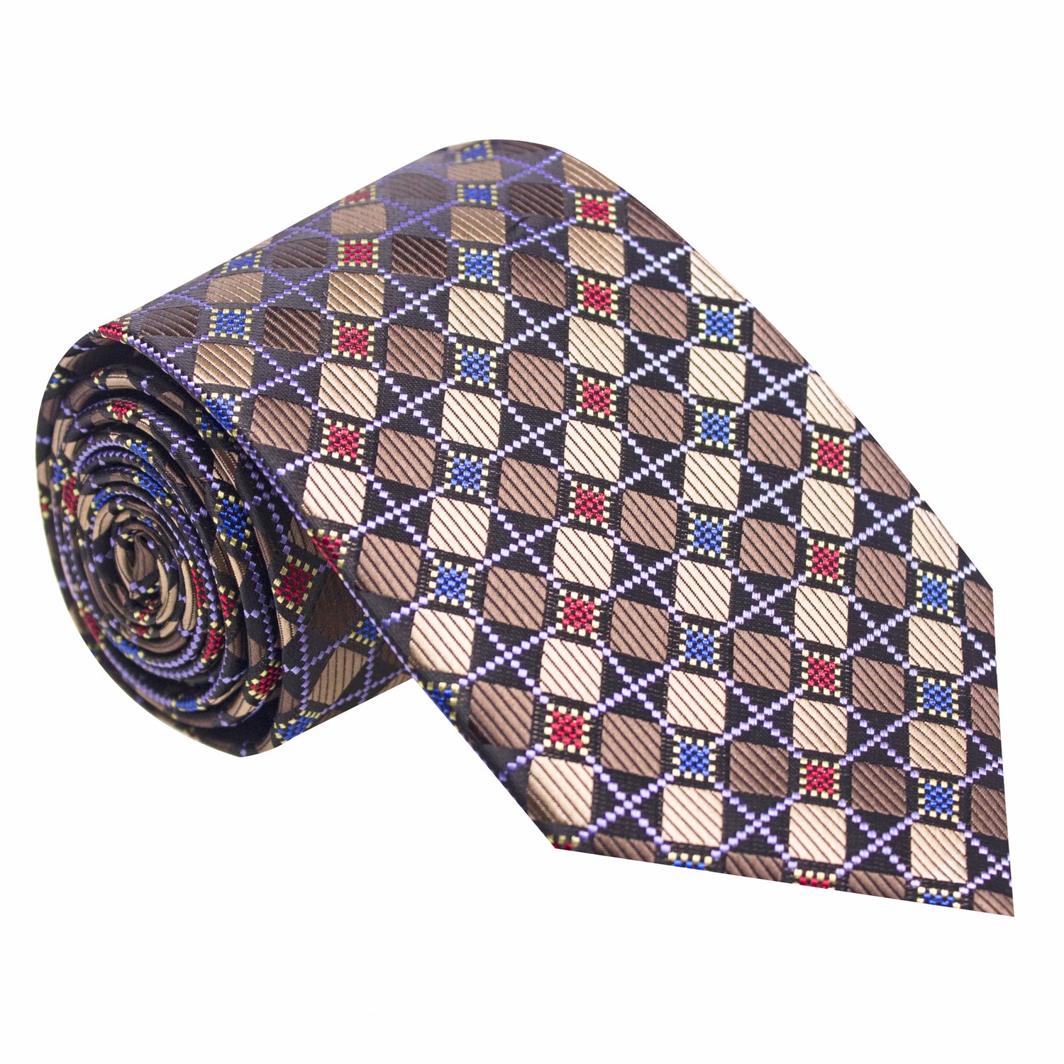 Brown, Red, Blue and Light Purple Geometric Silk Necktie  