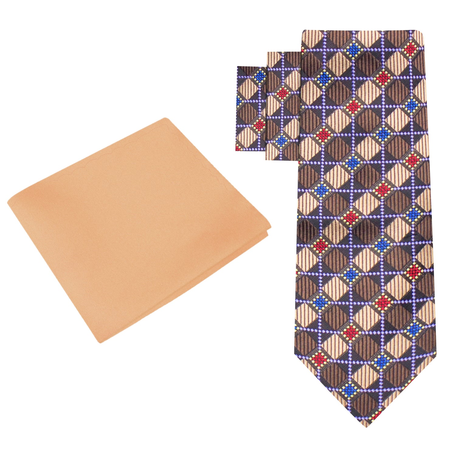 Alt View: Brown, Red, Blue and Light Purple Geometric Silk Necktie and Light Brown Square