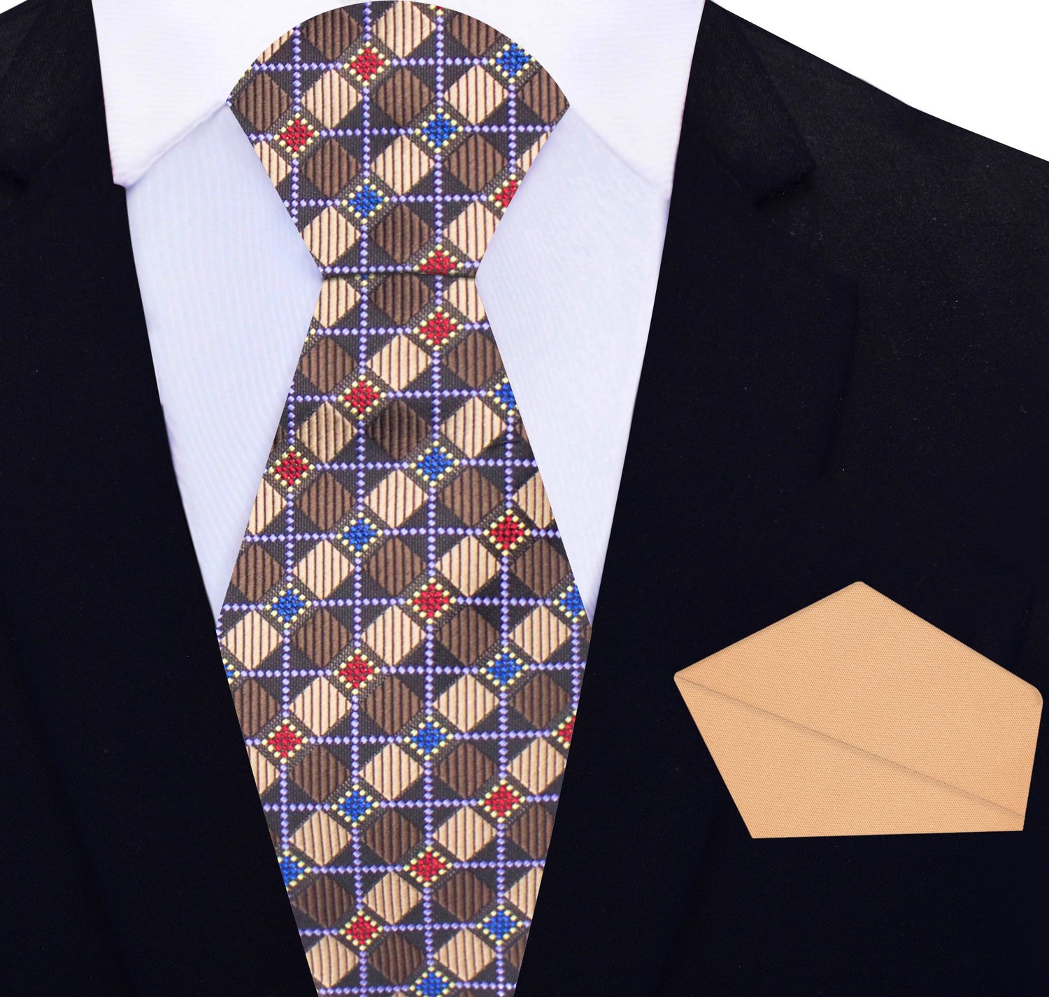 Brown, Red, Blue and Light Purple Geometric Silk Necktie and Light Brown Square