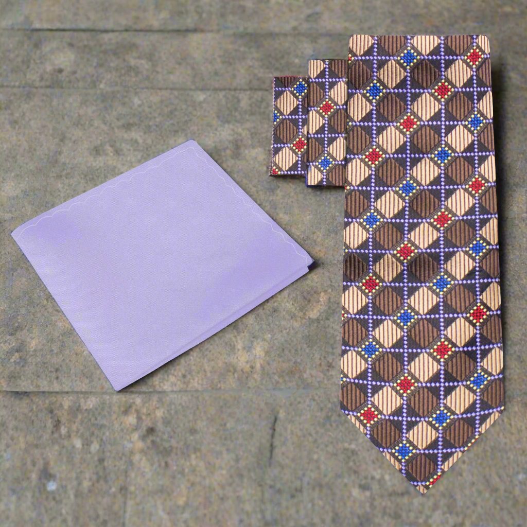 Alt View: Brown, Red, Blue and Light Purple Geometric Silk Necktie and Light Purple Square