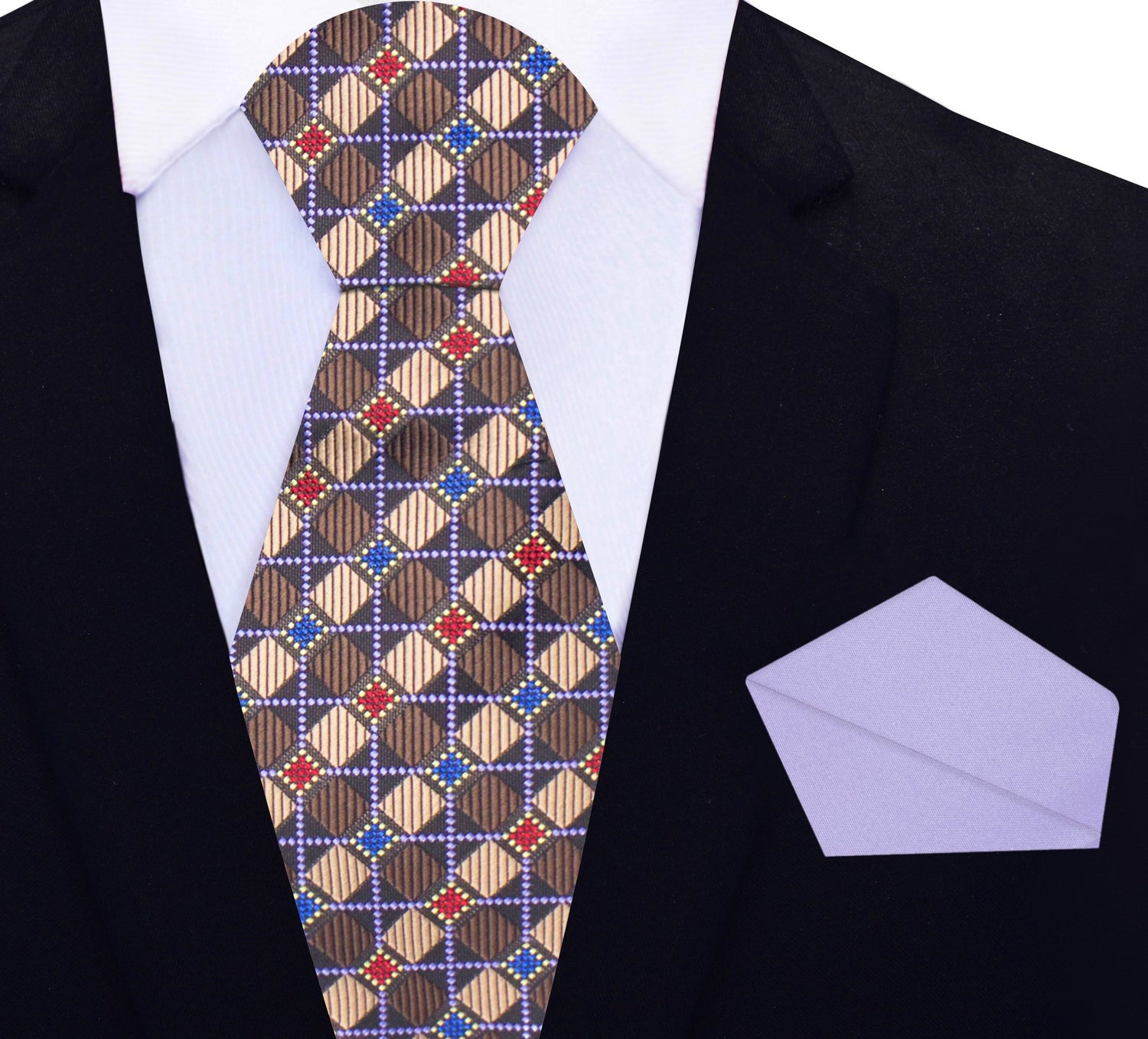 Brown, Red, Blue and Light Purple Geometric Silk Necktie and Light Purple Square