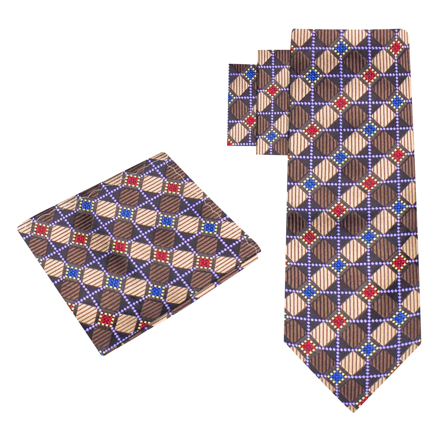 Alt view: Brown, Red, Blue and Light Purple Geometric Silk Necktie and Matching Square