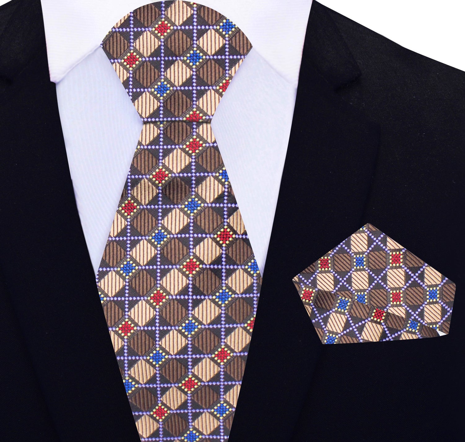 Brown, Red, Blue and Light Purple Geometric Silk Necktie and Matching Square