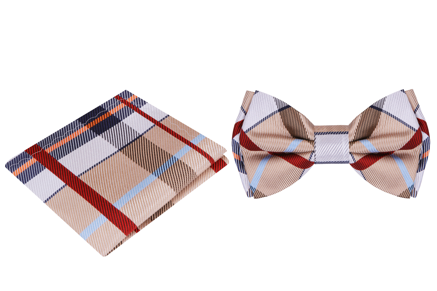 View 2: A Cream, White, Blue, Red Plaid Pattern Silk Self Tie Bow Tie, Matching Pocket Square