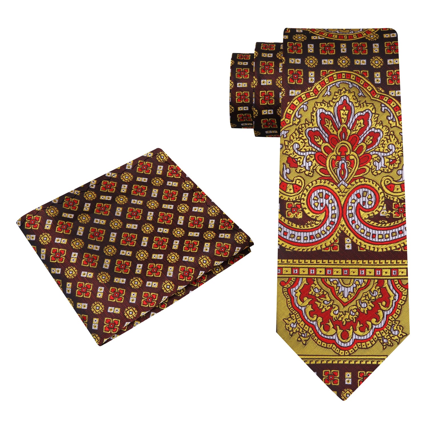 View 2: Red, Yellow, Brown Abstract Tie and Pocket Square