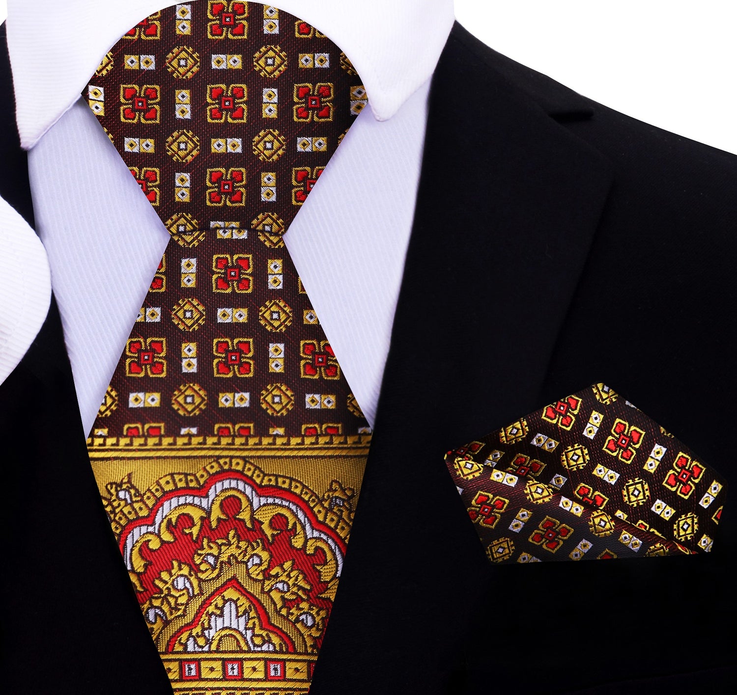 Red, Yellow, Brown Abstract Tie and Pocket Square