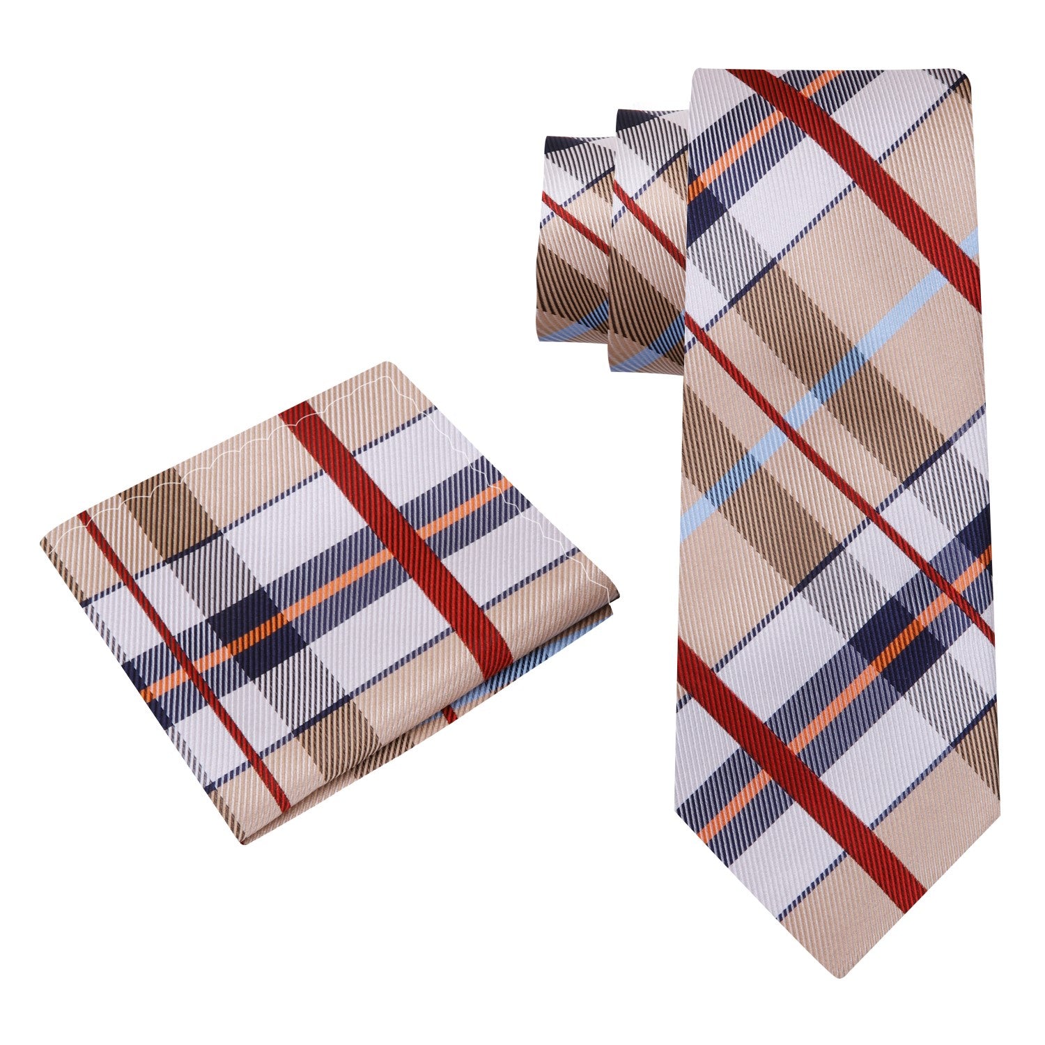 Alt View: light brown, red, blue plaid tie and square