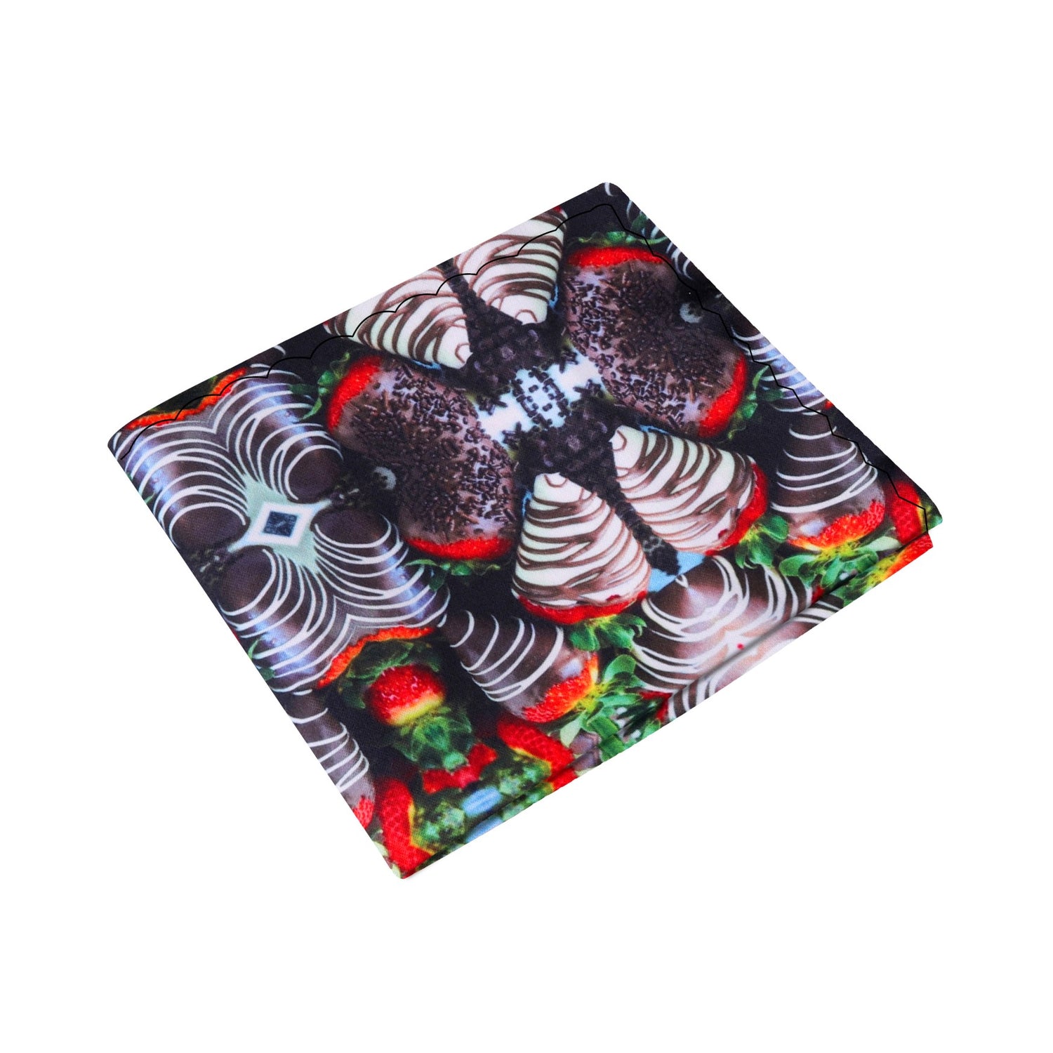 View 2: A White, Brown, Red, Green Color Chocolate Covered Strawberry Pattern Pocket Square