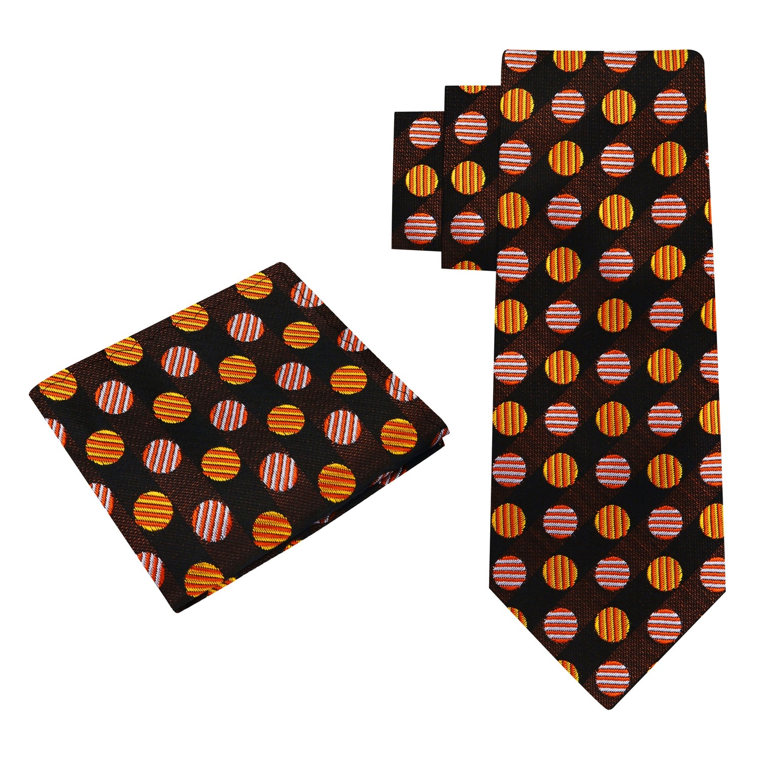 Alt View: A Brown, Orange Geometric Polka Pattern Silk Necktie, Matching Pocket Square