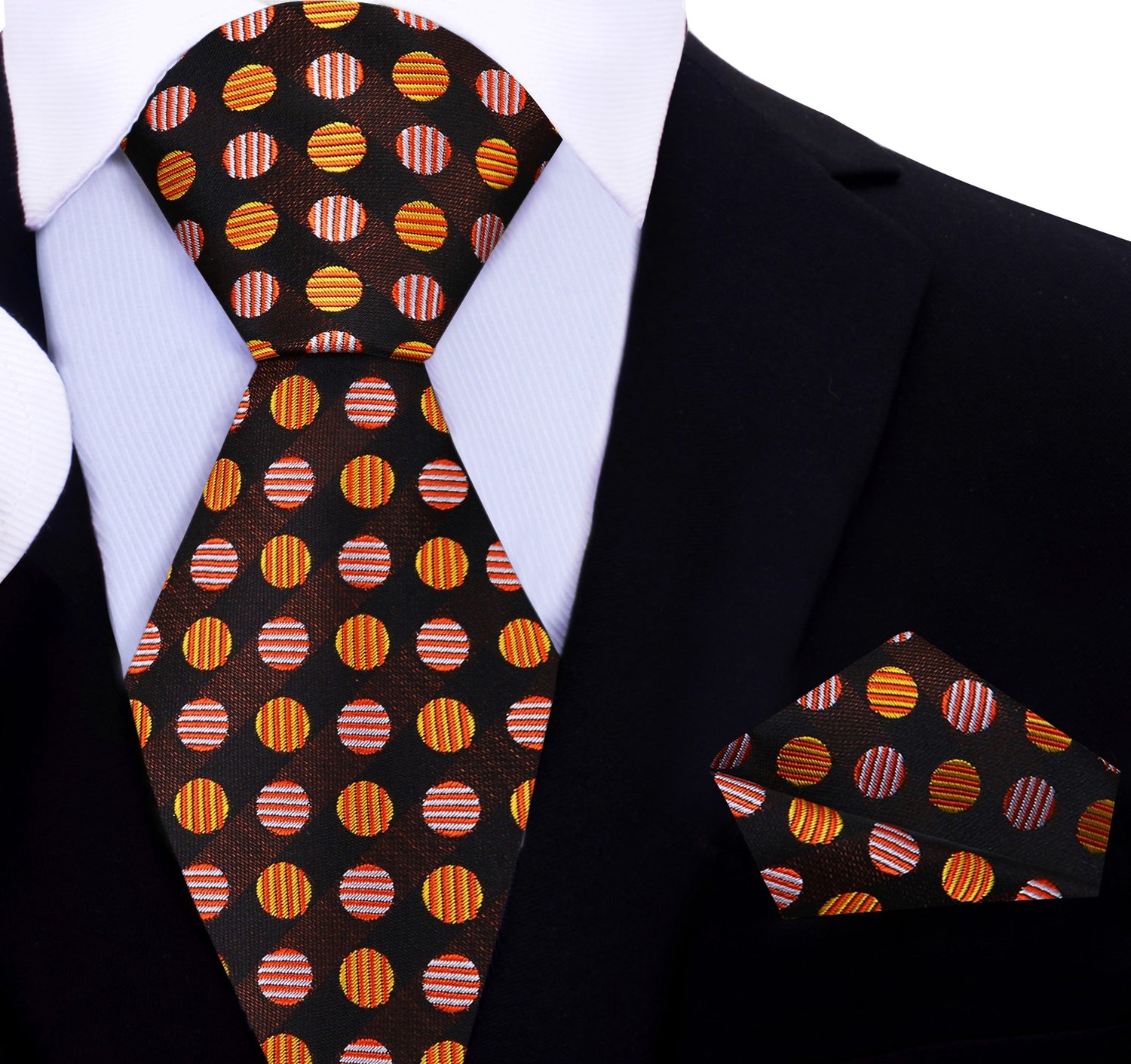 A Brown, Orange Geometric Polka Pattern Silk Necktie, Matching Pocket Square