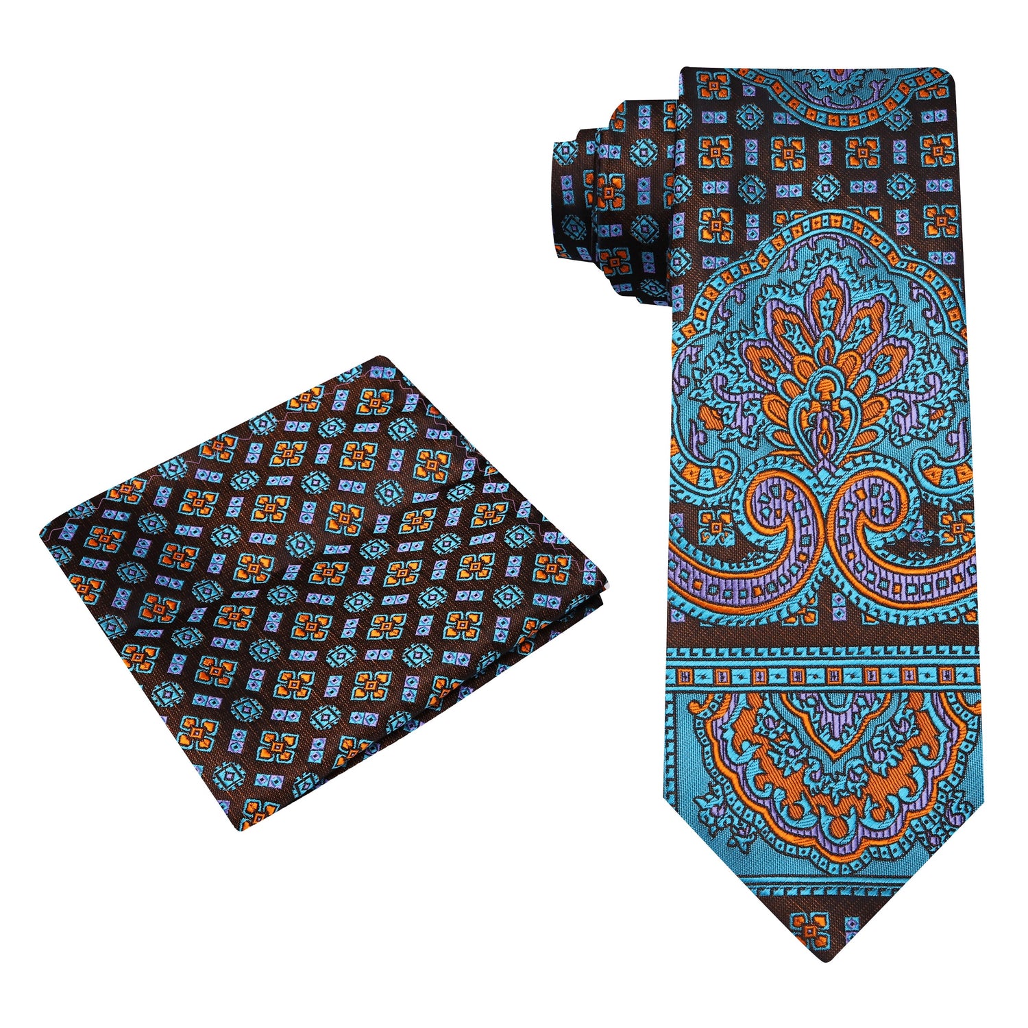 View 2: Teal Blue Abstract Tie and Pocket Square||Teal, Orange, Purple