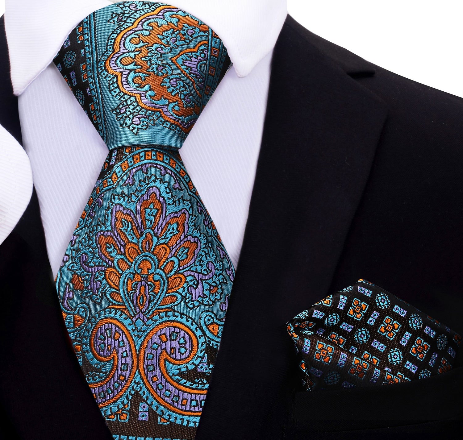 Teal Blue Abstract Tie and Pocket Square||Teal, Orange, Purple