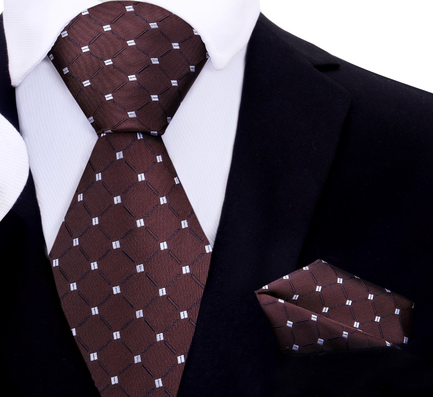 A Brown With White Geometric and Check Pattern Silk Necktie, Matching Pocket Square