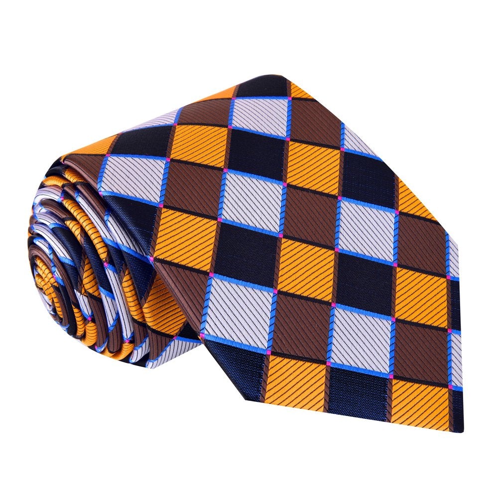 A Gold, Brown, Blue, Grey Geometric Check Pattern Necktie 