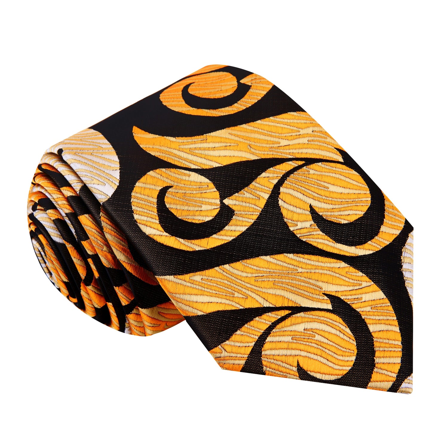 A Tan, Dark Brown, Gold Abstract Swirl Pattern Silk Necktie