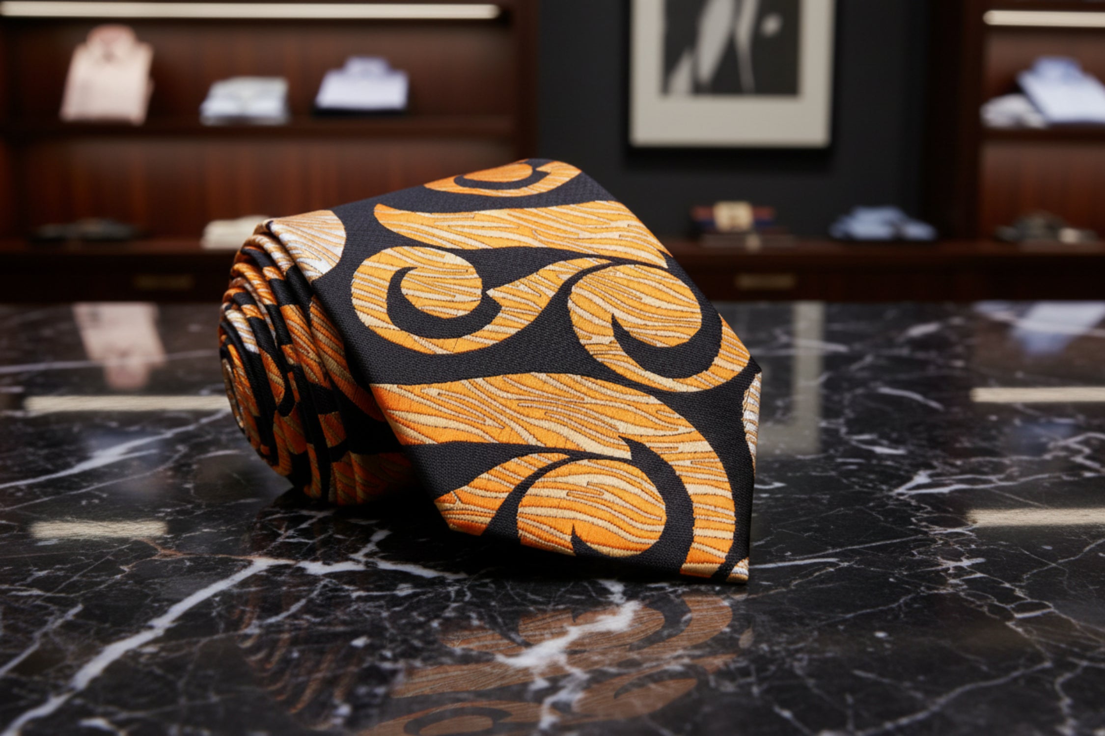 Black & Gold Abstract Swirl Necktie | Statement Pattern with Pocket Sq