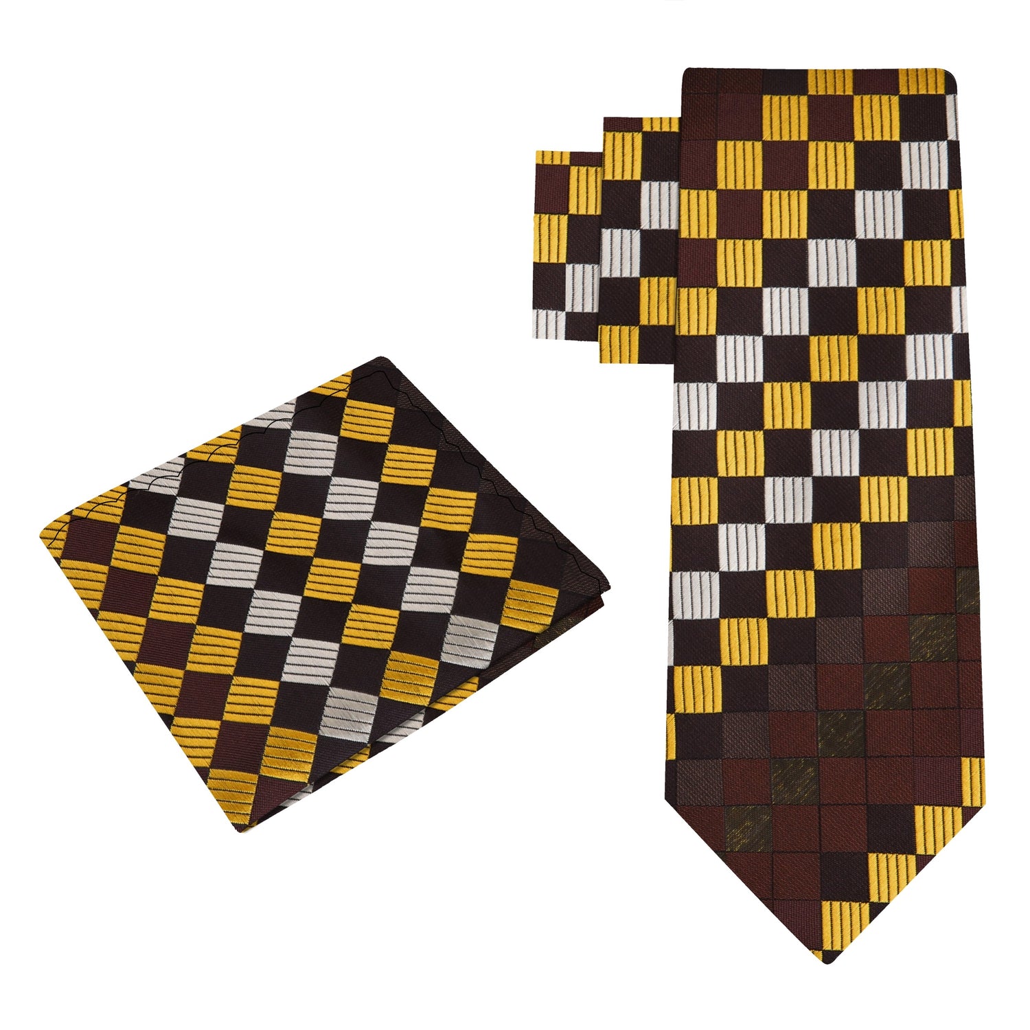 Alt view: A Yellow, Brown Geometric Squares Pattern Silk Necktie, Pocket Square