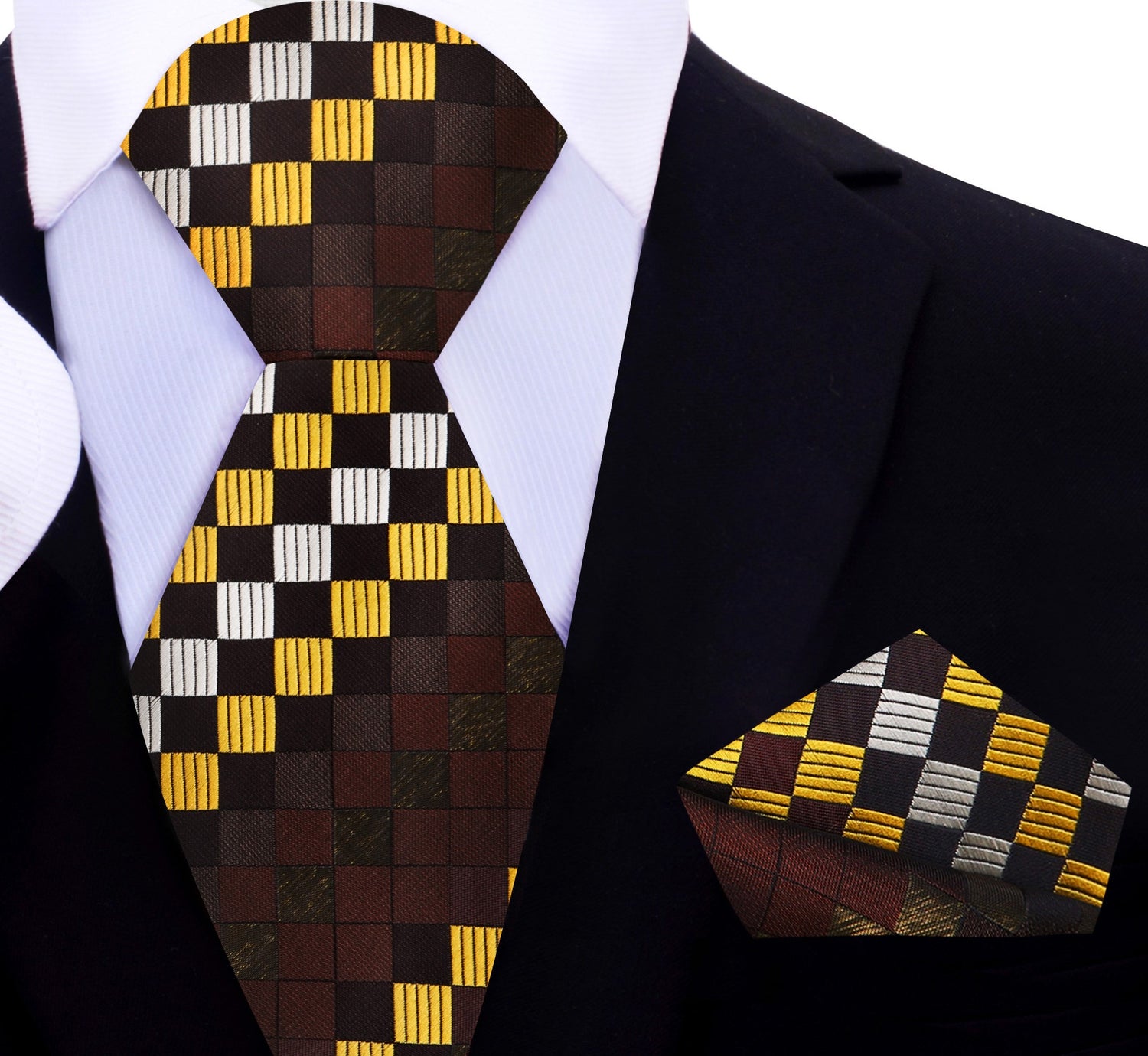 A Yellow, Brown Geometric Squares Pattern Silk Necktie, Pocket Square