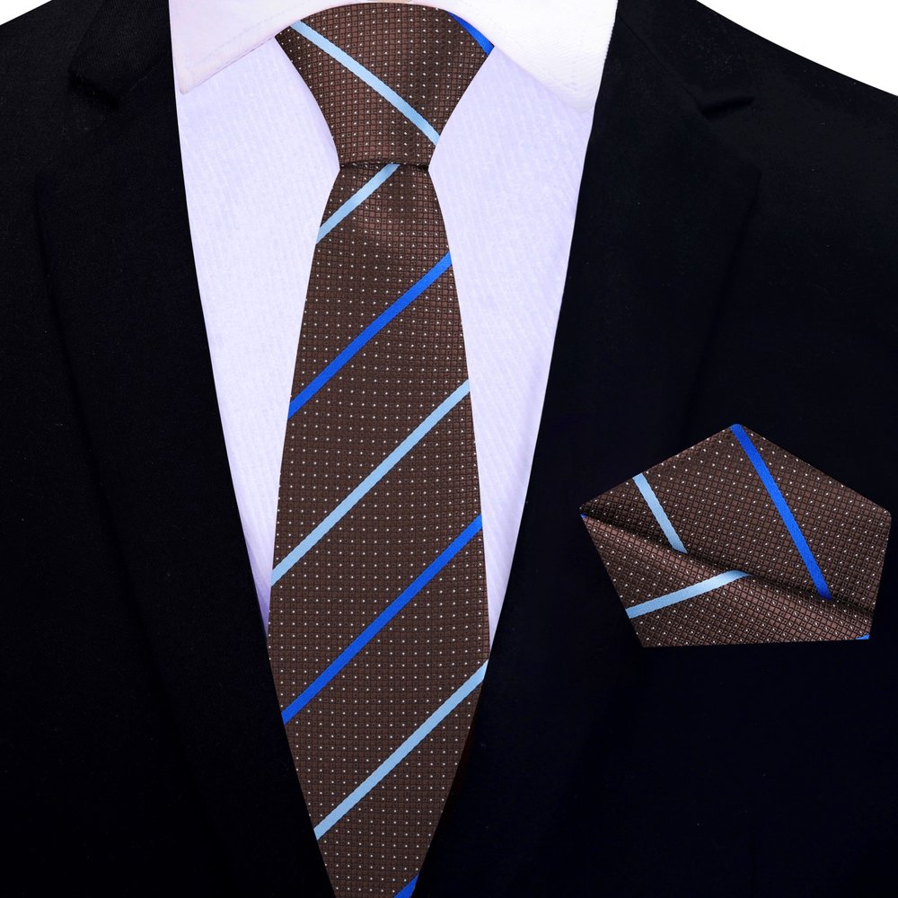 Brown, Blue Stripe Thin Tie and Square||Brown/Blue