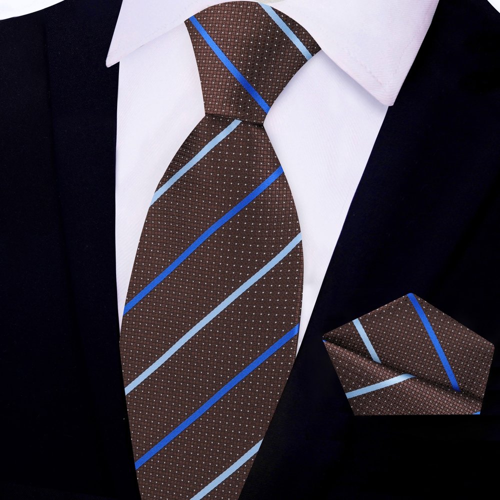 Brown, Blue Stripe Tie and Square||Brown/Blue