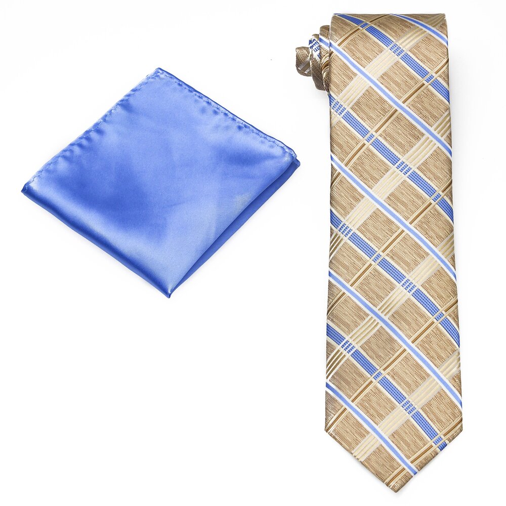 Alt View: Tan, Light Blue Plaid Tie and Pocket Square