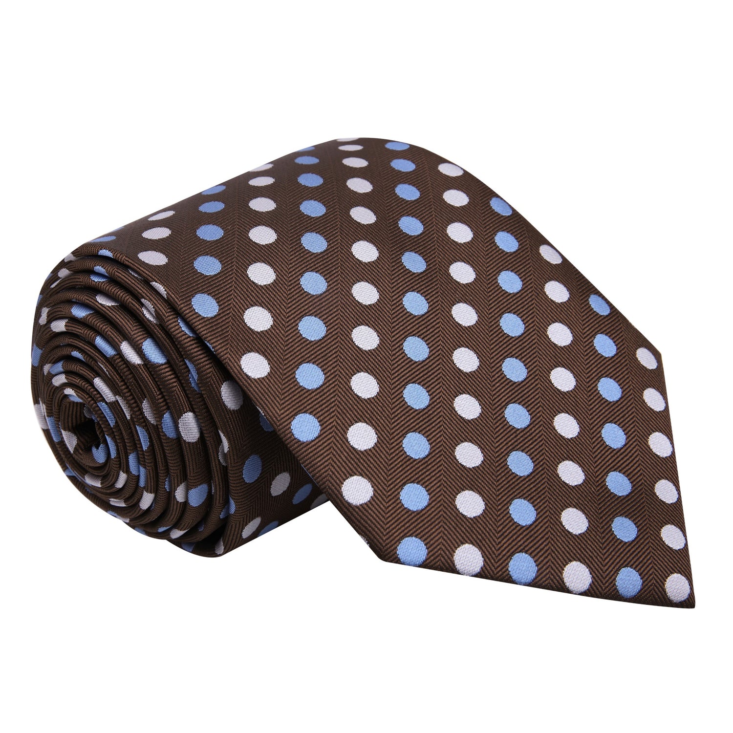 A Brown, Light Blue, White Polka Dot Pattern Silk Necktie 