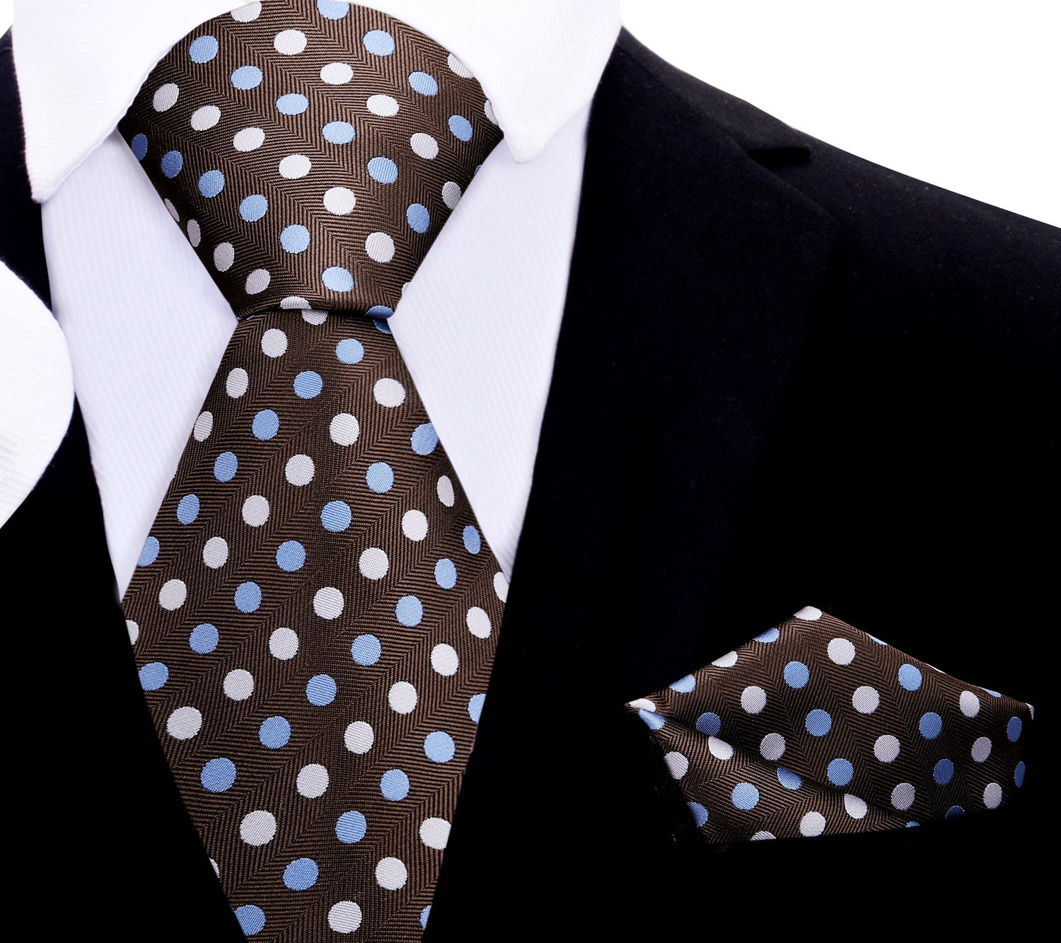 A Brown, Light Blue, White Polka Dot Pattern Silk Necktie, Pocket Square