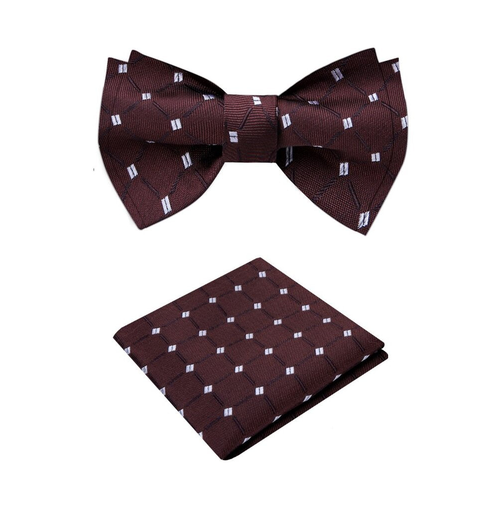 A Brown, White Geometric with Small Checks Pattern Silk Bow Tie, Matching Pocket Square||Brown