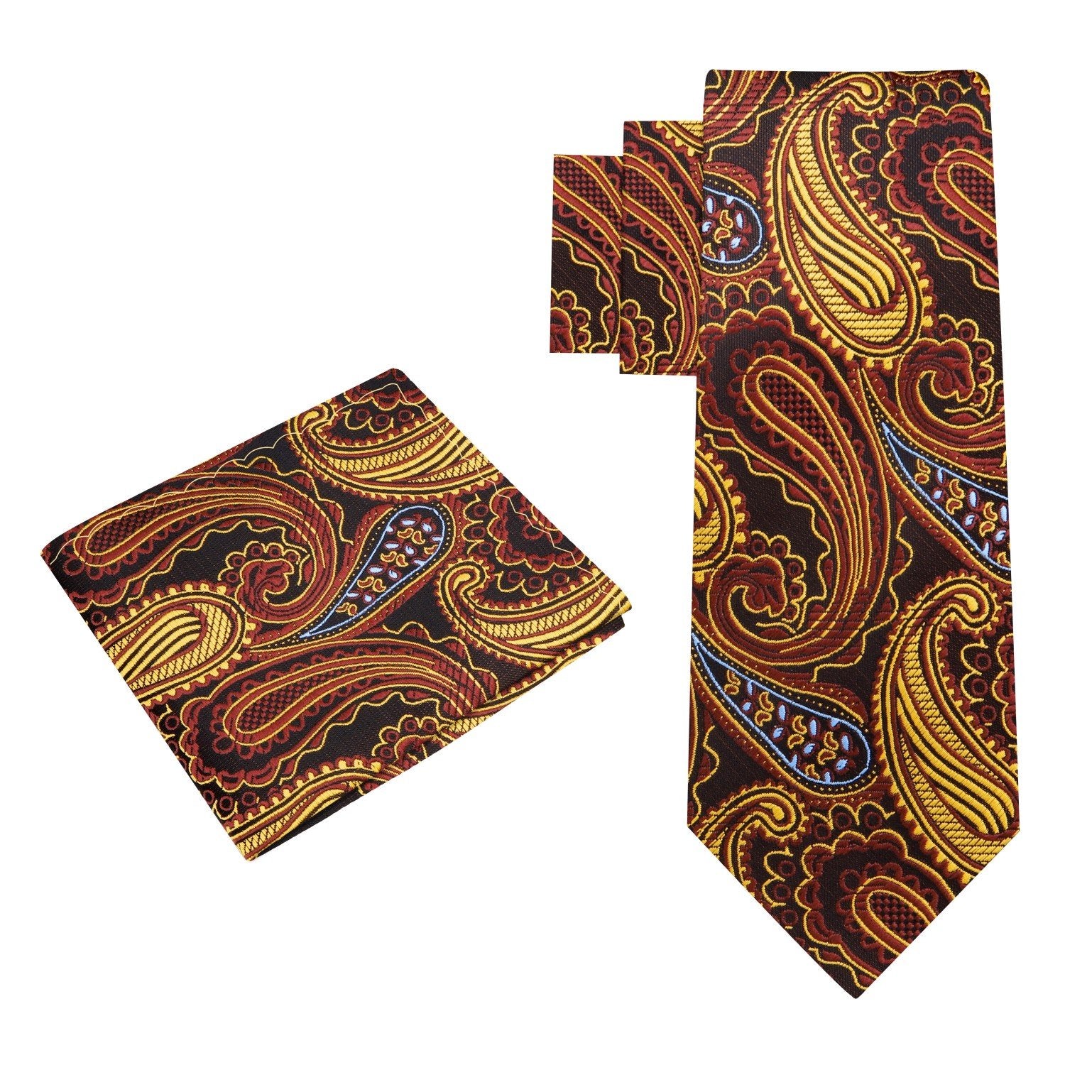 Alt View: A Blue, Brown, Gold Paisley Pattern Silk Necktie, Matching Pocket Square