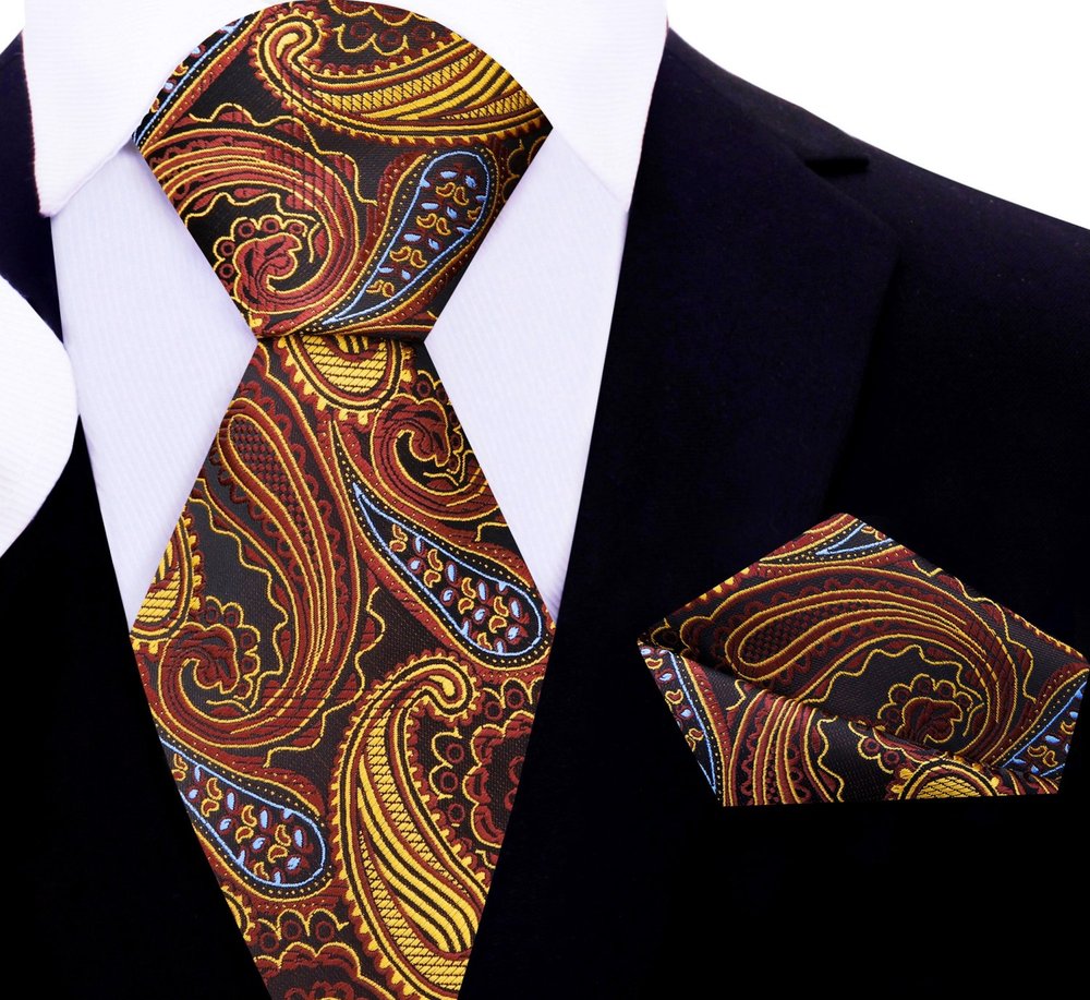 A Blue, Brown, Gold Paisley Pattern Silk Necktie, Matching Pocket Square||Brown, Gold