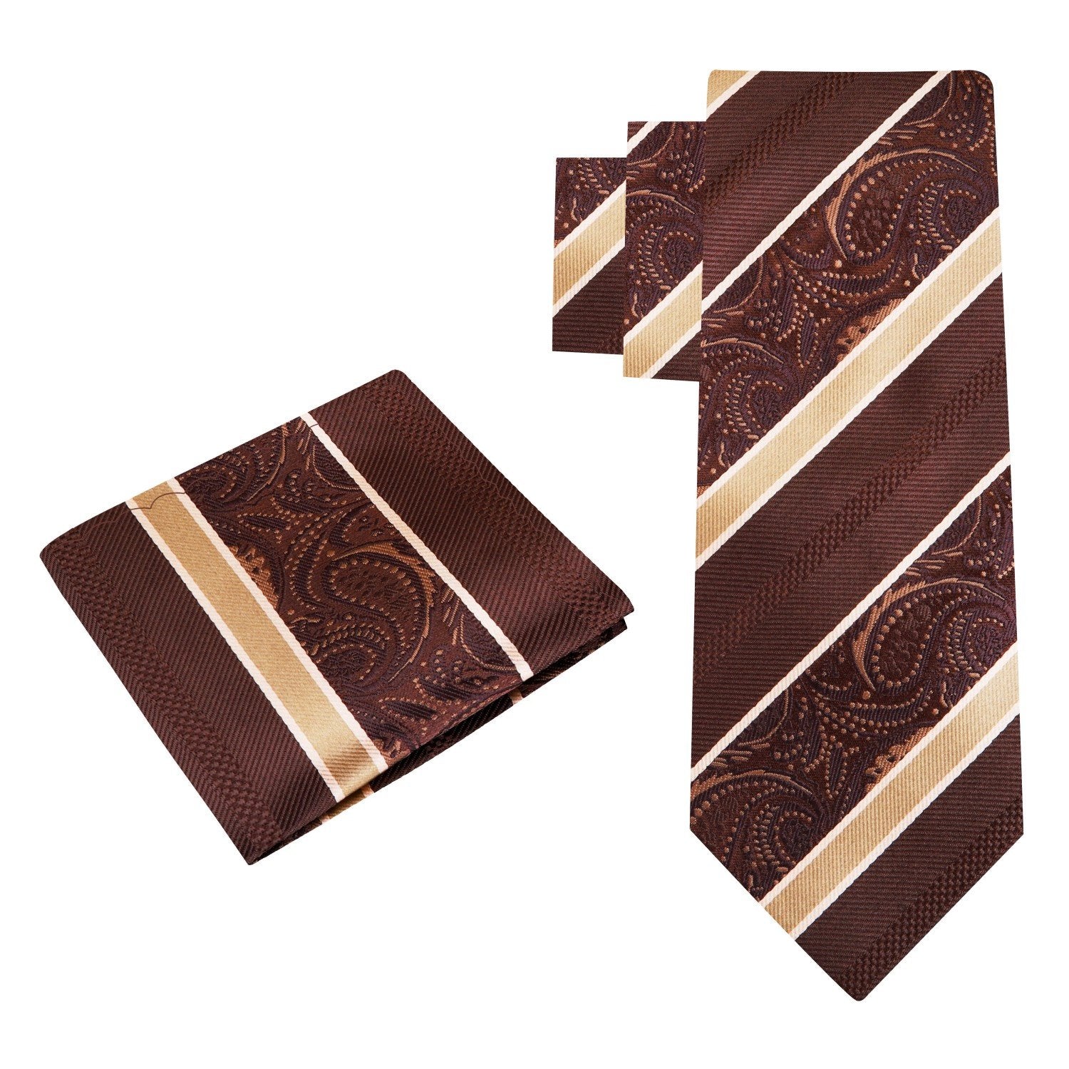 Alt View: Brown and Deep Gold Stripe with Paisley Tie and Pocket Square