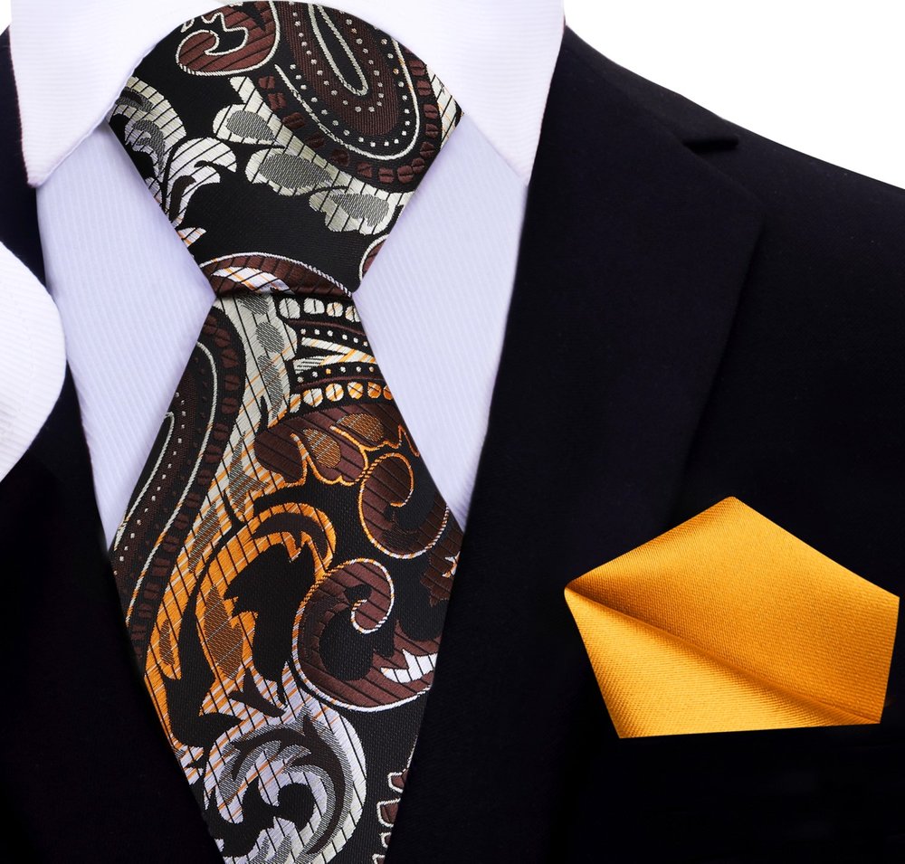 A Brown, Yellow Paisley Pattern Silk Necktie, With Bright Gold Pocket Square