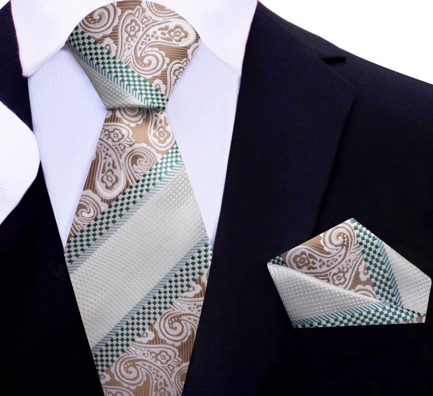 Main View: Green, Brown Paisley and Check Tie and Pocket Square