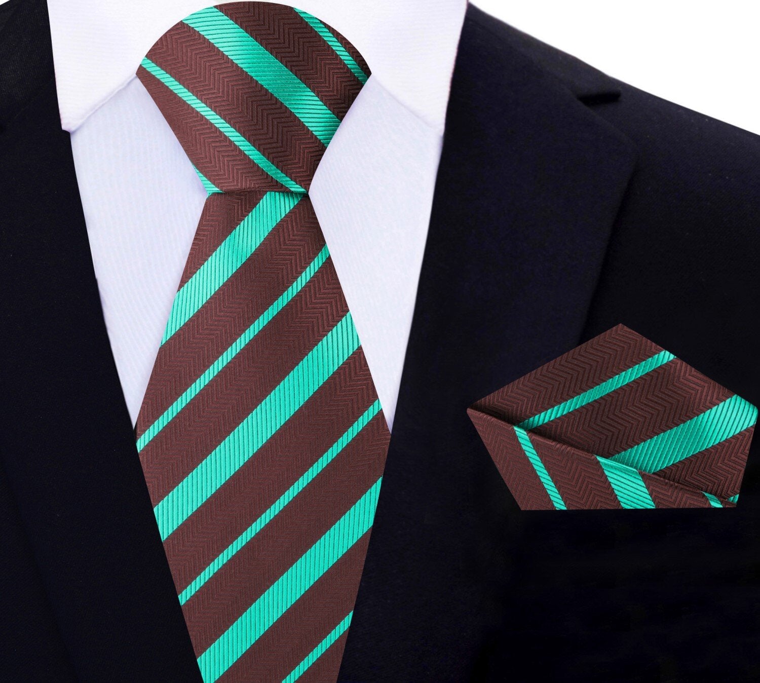 Main View: Brown, Mint Green Stripe Silk Tie and Pocket Square