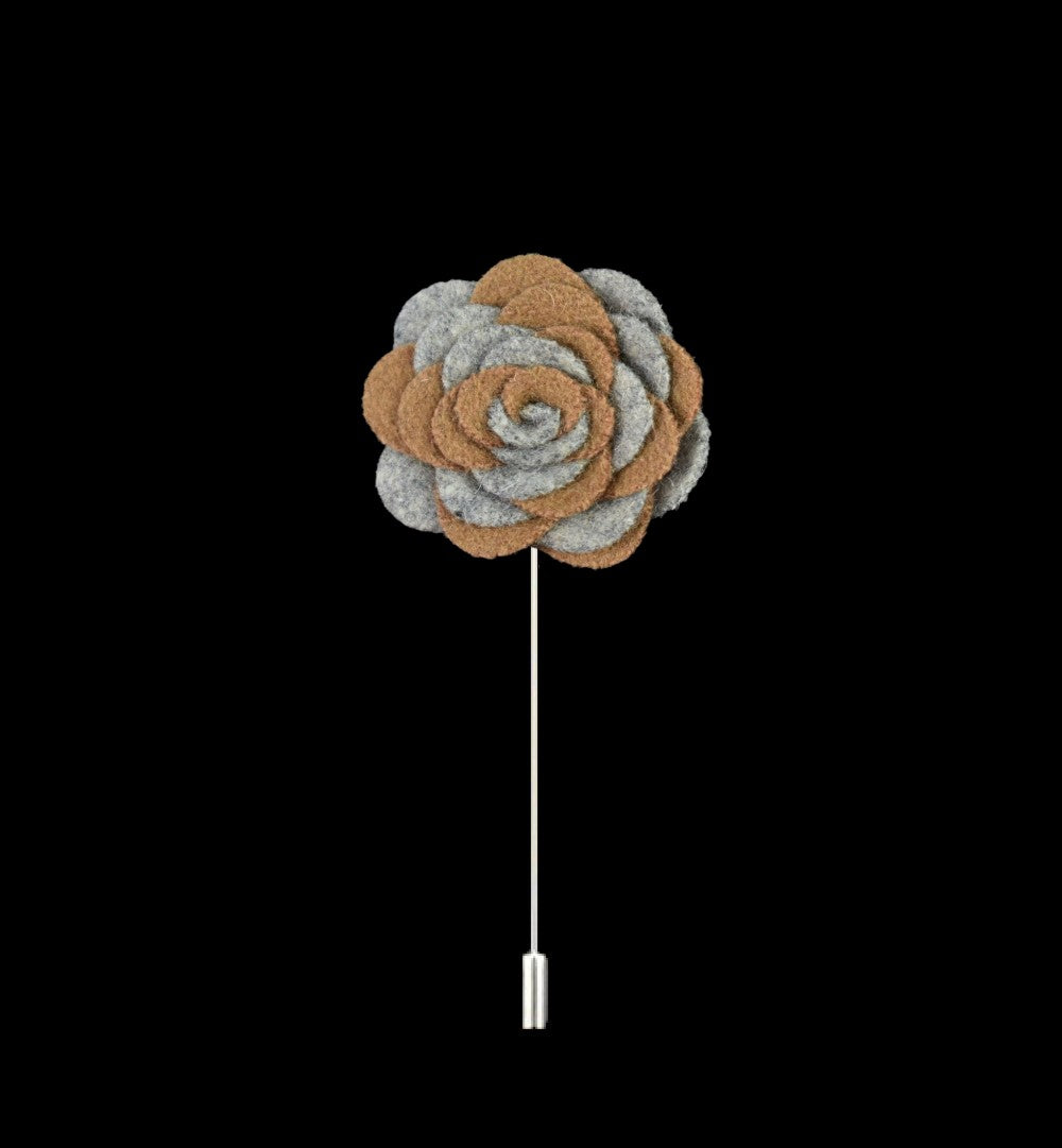 A Solid Brown, Grey Wide Petal Flower Shaped Lapel Pin||Brown, Grey