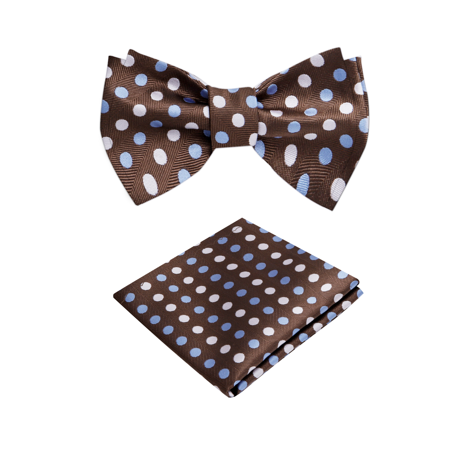 Brown, Blue, Cream Polka Bow Tie and Pocket Square