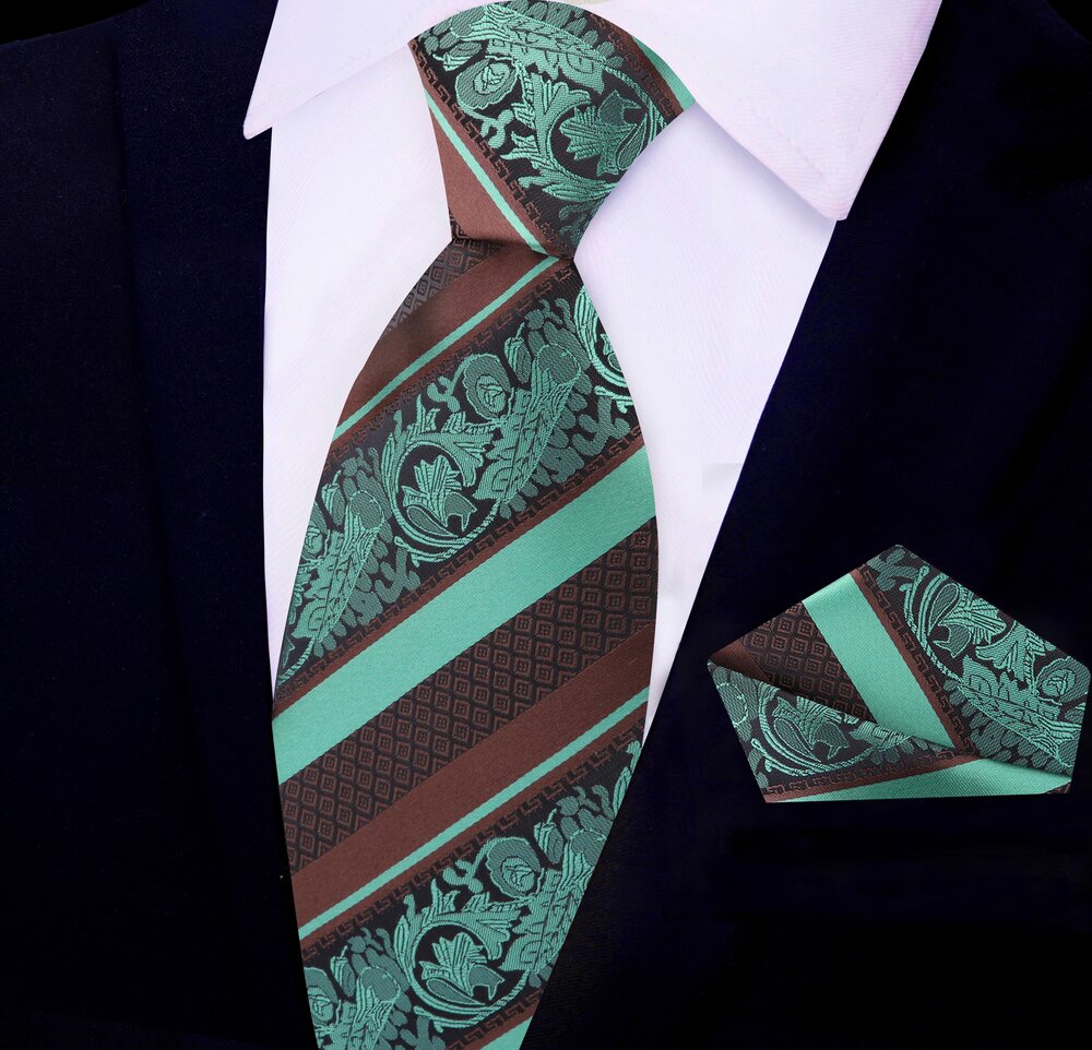 Brown, Mint Green Stripe with Intricate Floral Pattern Silk Tie and Pocket Square||Mint