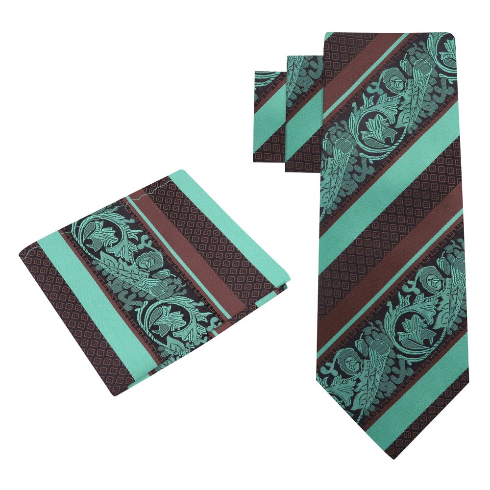 Alt View: Brown, Mint Green Stripe with Intricate Floral Pattern Silk Tie and Pocket Square