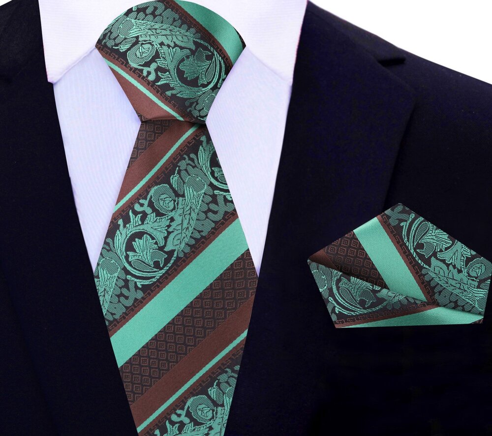 Main View: Brown, Mint Green Stripe with Intricate Floral Pattern Silk Tie and Pocket Square