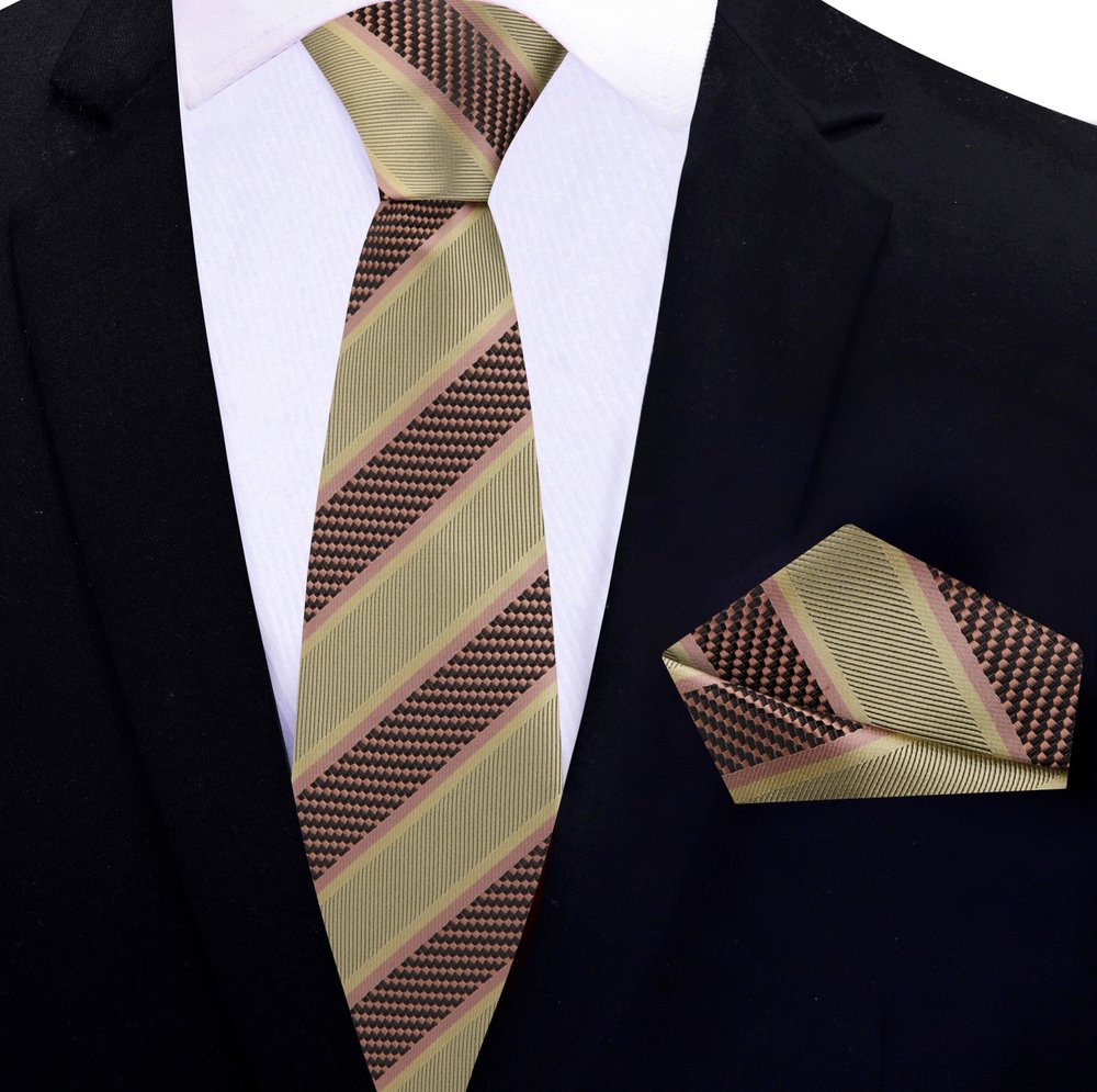 Olive, Brown Thick Stripe Thin Tie and Pocket Square||Olive Gold