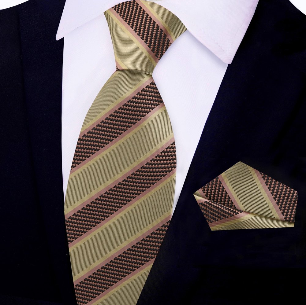 Olive, Brown Thick Stripe Tie and Pocket Square||Olive Gold